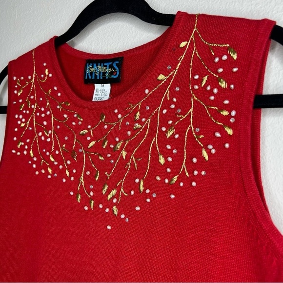 Carol Patterson Knits Red Linen Blend Pearl Beaded Embroidered Knit Top NWT - Picture 3 of 8